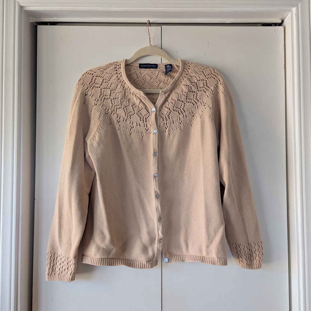 Karen Scott Beige Lace Detail Cardigan